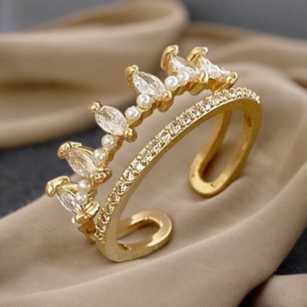 NEW 18K yellow gold plated double layer adjustable boho CZ ring jewelry B21B